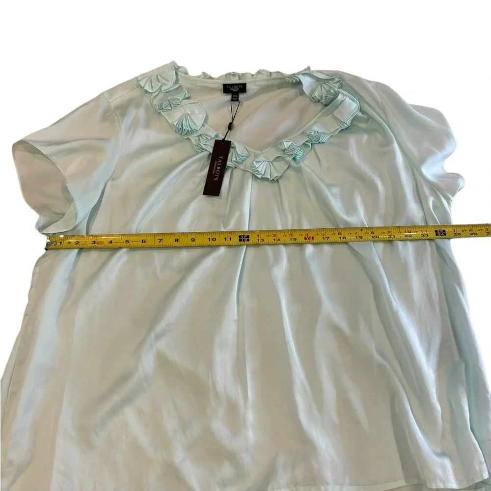 Talbots Women’s Light Aqua Blue Silk Blend‎ Ruffled Neck Blouse Size 24W (NWT) - Picture 7 of 8